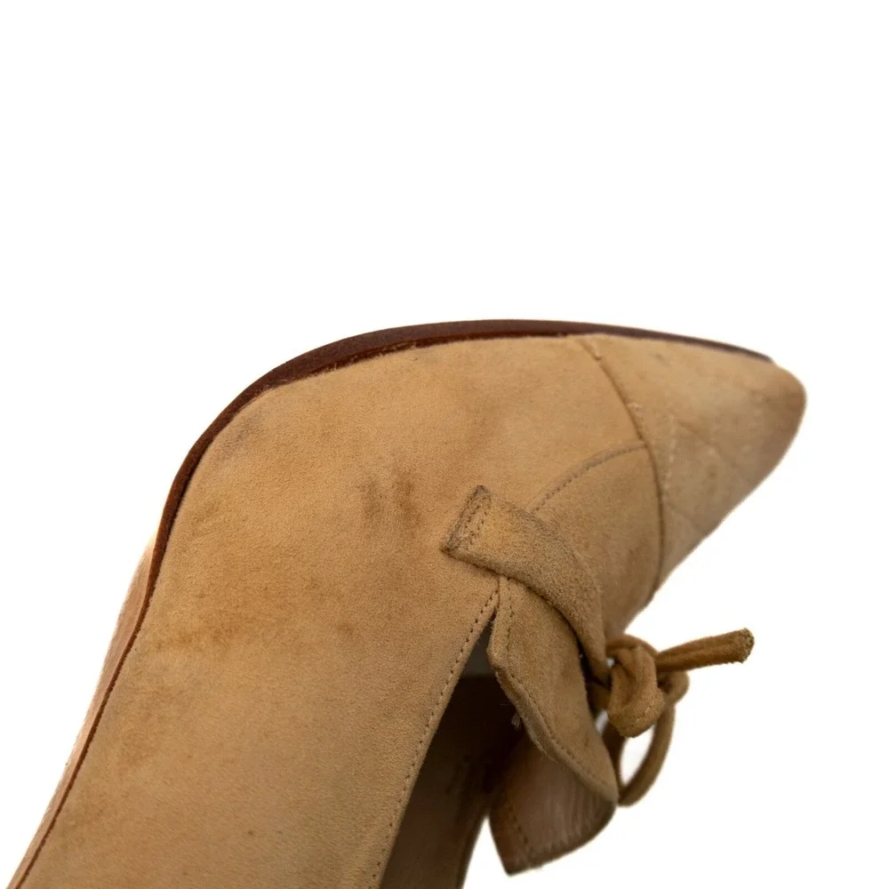 Vintage Chanel Beige Brown Quilted Cap Toe Suede Block‎ Heel PUMPS Size EU36/US6